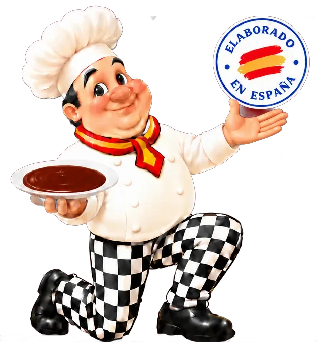 Ilustración del cocinero de Chef Galán con un plato de salsa y el sello Elaborado en España