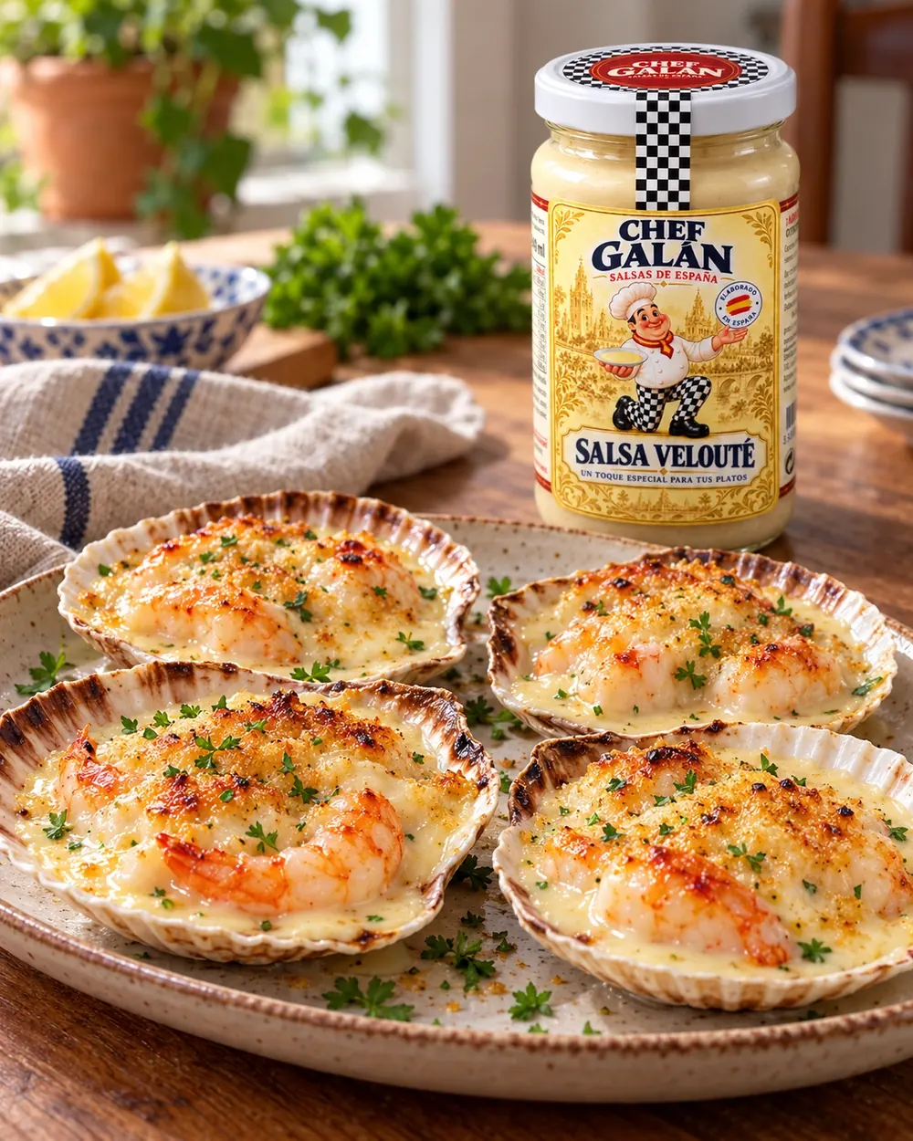 Conchas de gambas gratinadas