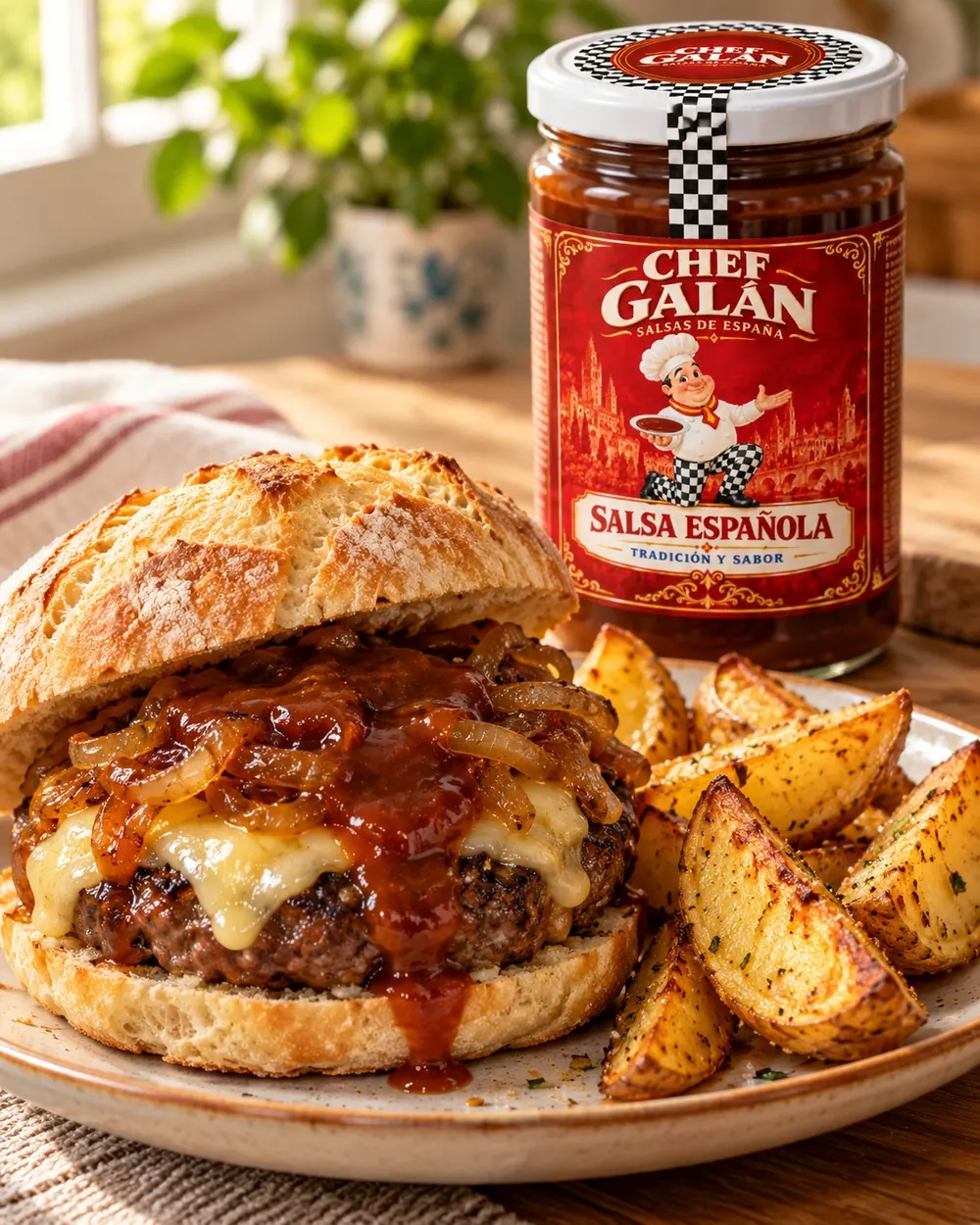 Hamburguesa de ternera con cebolla y salsa española