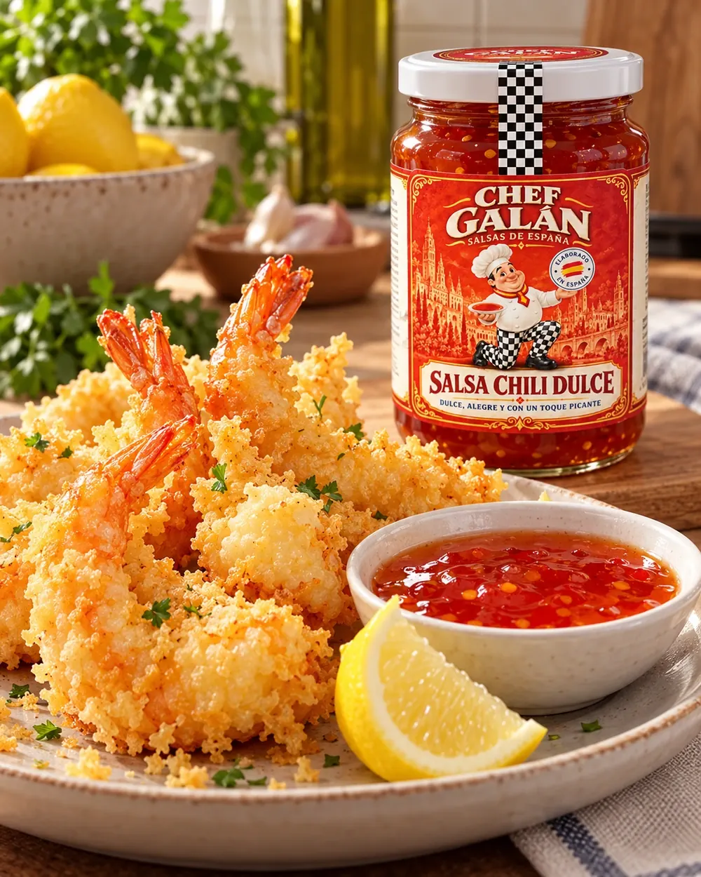 Langostinos en tempura con chili dulce