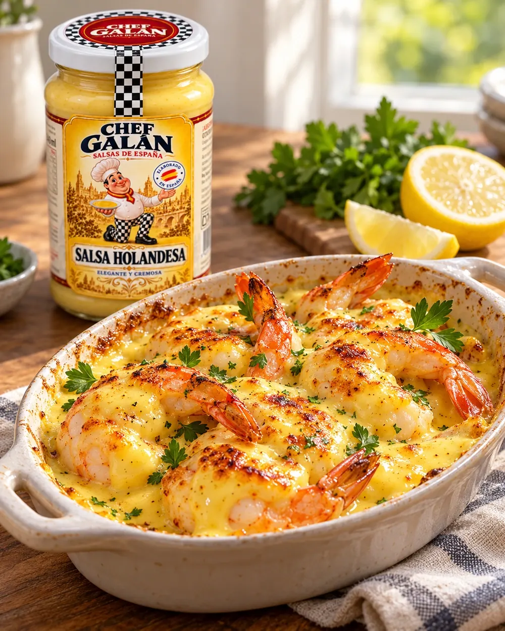 Langostinos gratinados con holandesa
