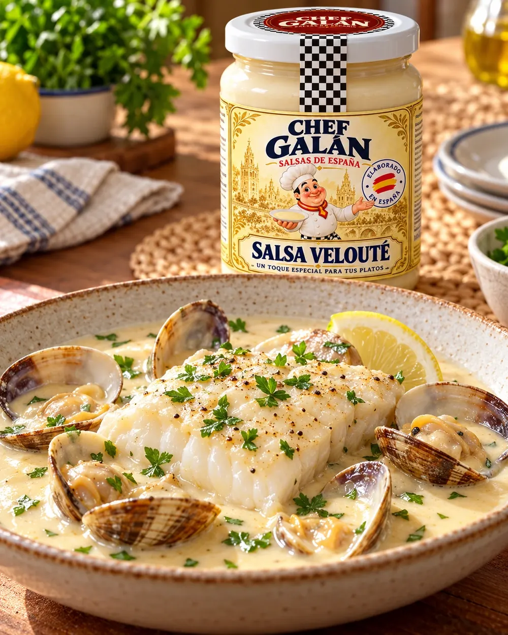 Merluza en velouté con almejas