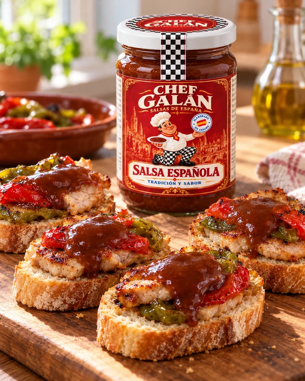 Montaditos de lomo con pimientos y salsa española