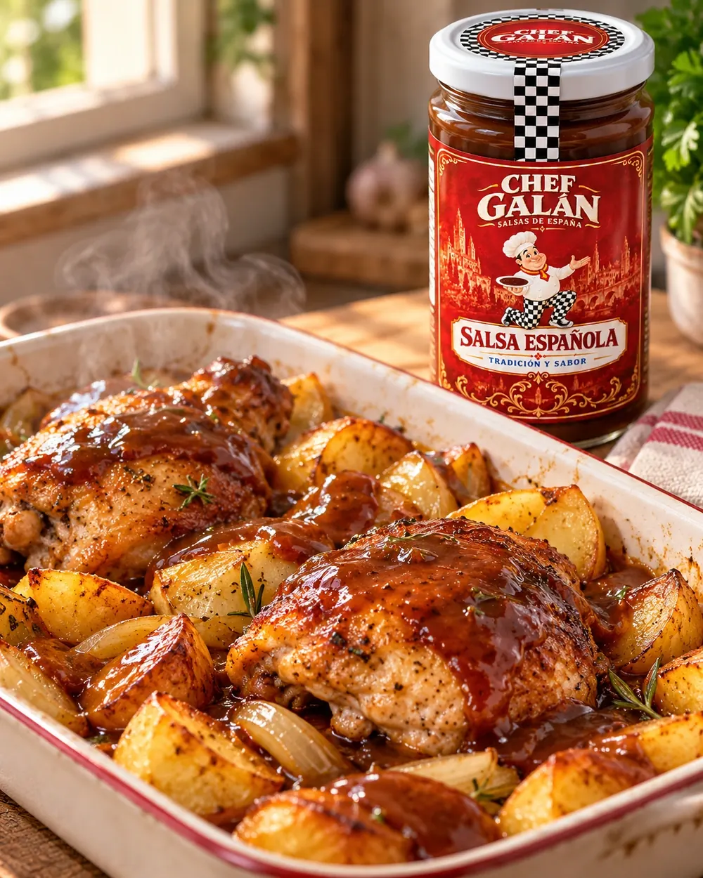 Muslos de pollo asados con patatas y salsa española