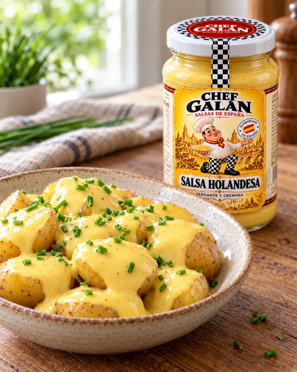 Patatas nuevas con holandesa y cebollino