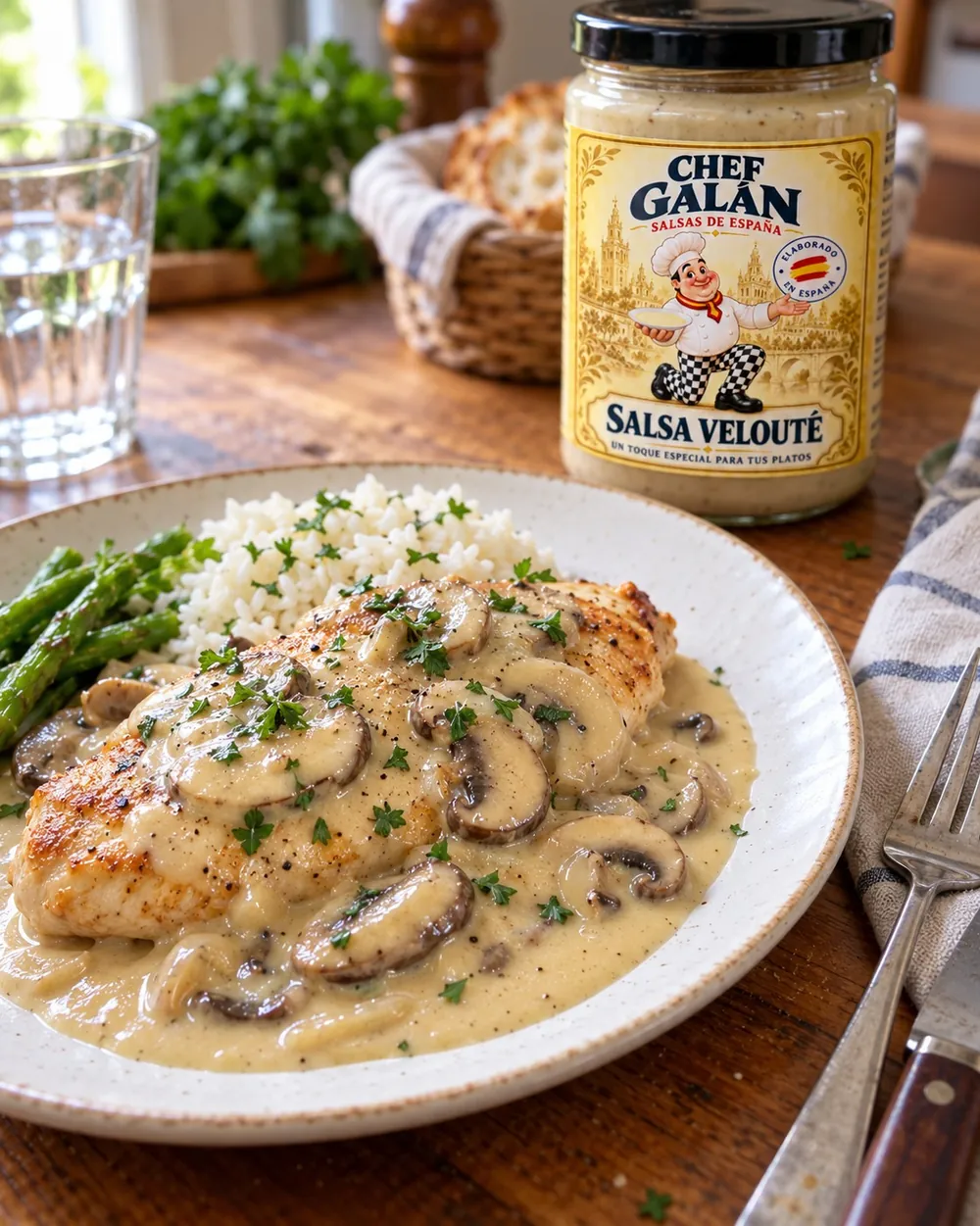 Pechuga de pollo en velouté con champiñones
