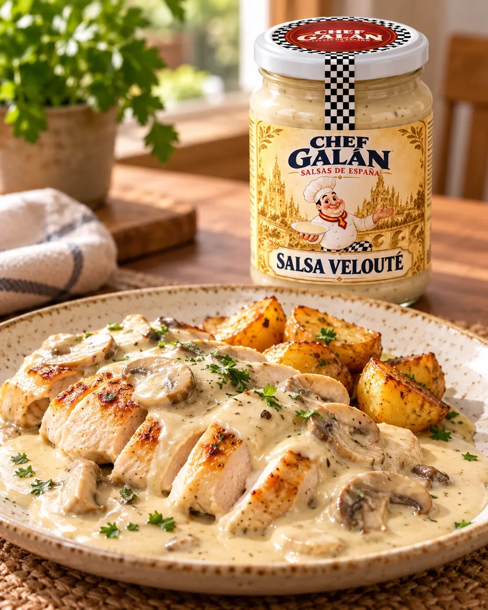 Pechuga de pollo en velouté con champiñones