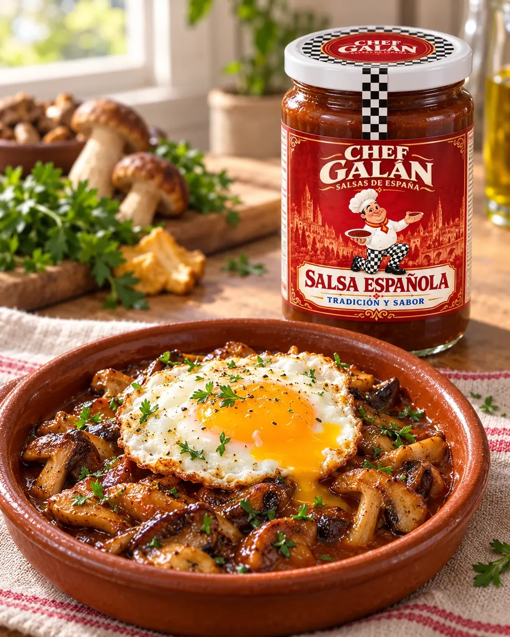 Setas de temporada con salsa española y huevo de corral