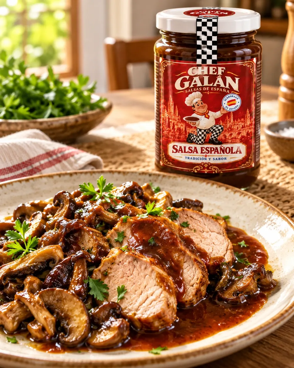 Solomillo de cerdo con setas y salsa española