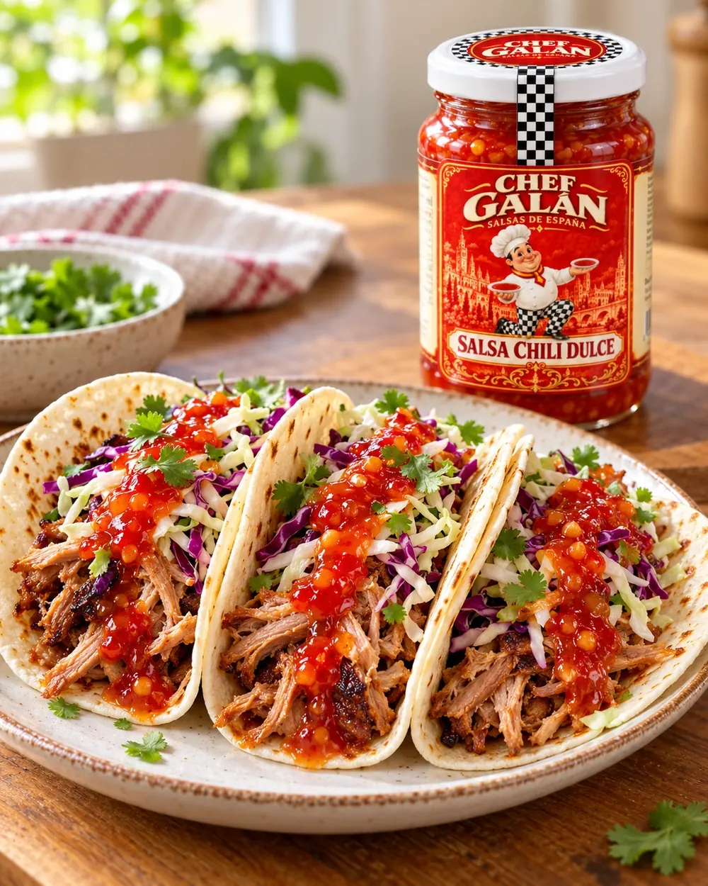 Tacos de cerdo con col y chili dulce