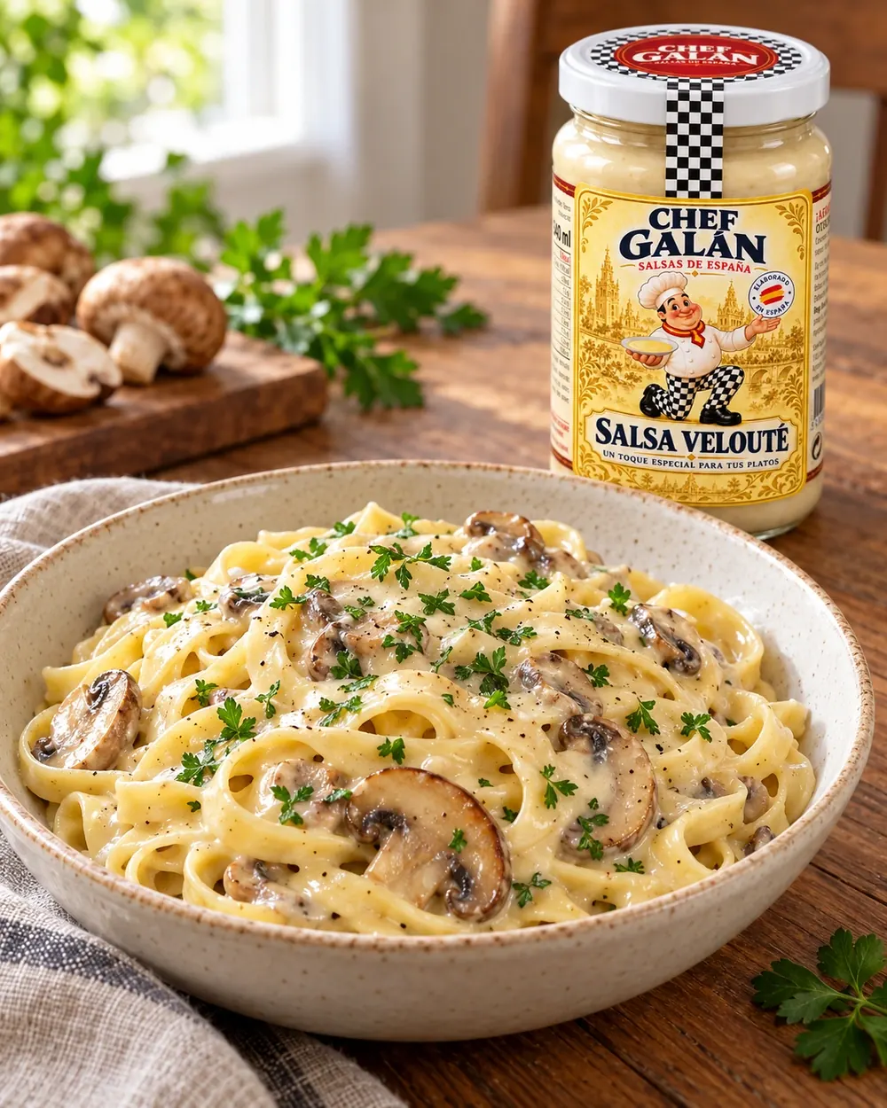 Tallarines con velouté de setas