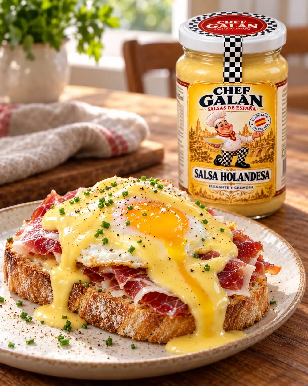 Tosta de jamón, huevo y holandesa