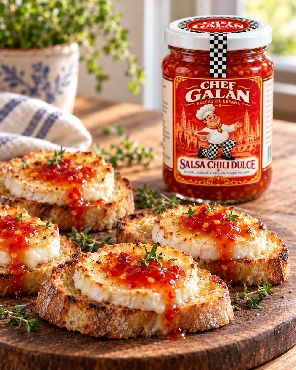 Tostas de queso de cabra con chili dulce